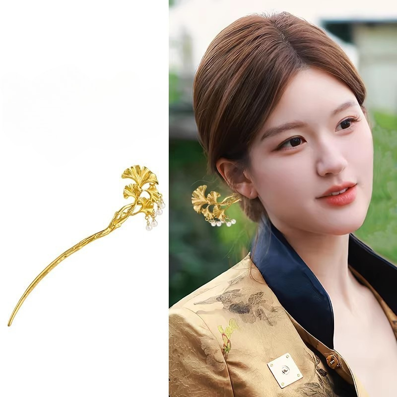 Hanbok Hair Pin - 1 adet zarif altın Ginkgo yaprağı