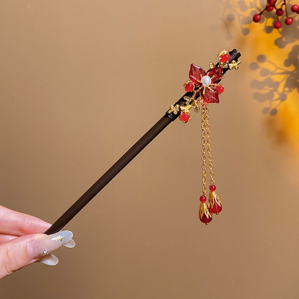Hanbok Hair Pin - Klasik Çiçek Ahşap Saç Tokası Kırmızı