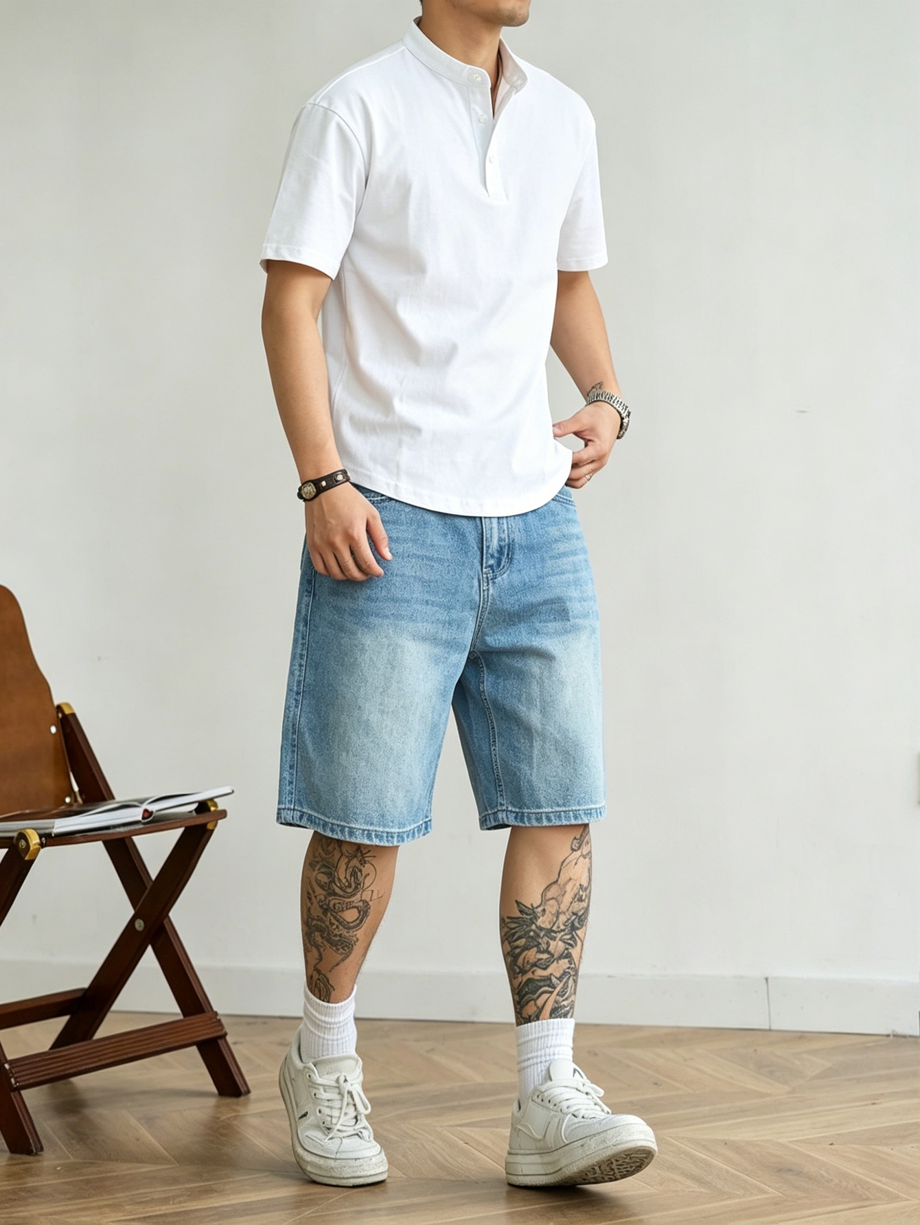 Korean Men Lifestyle - Bol kesimli mavi esnemeyen kot şort